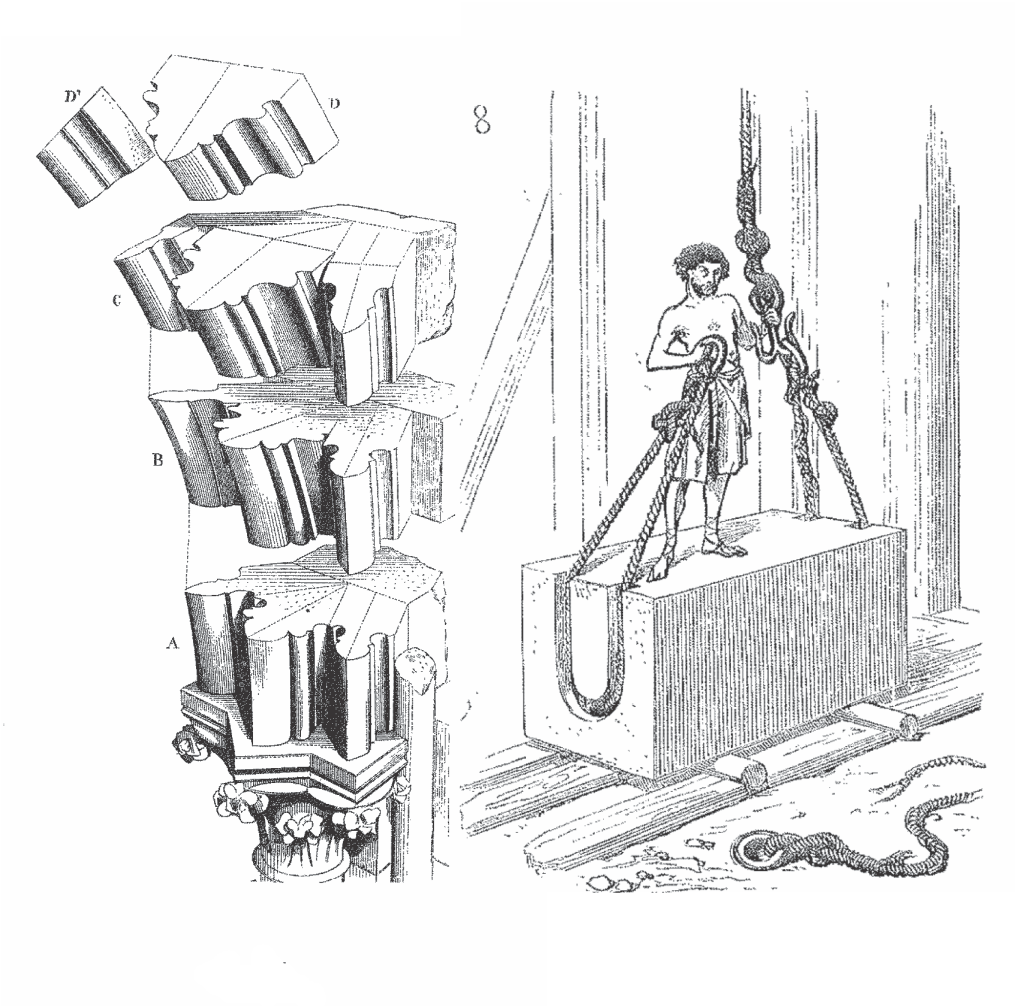 Engraving of a mason setting a dressed stone block, with moulding profiles of a clustered column.