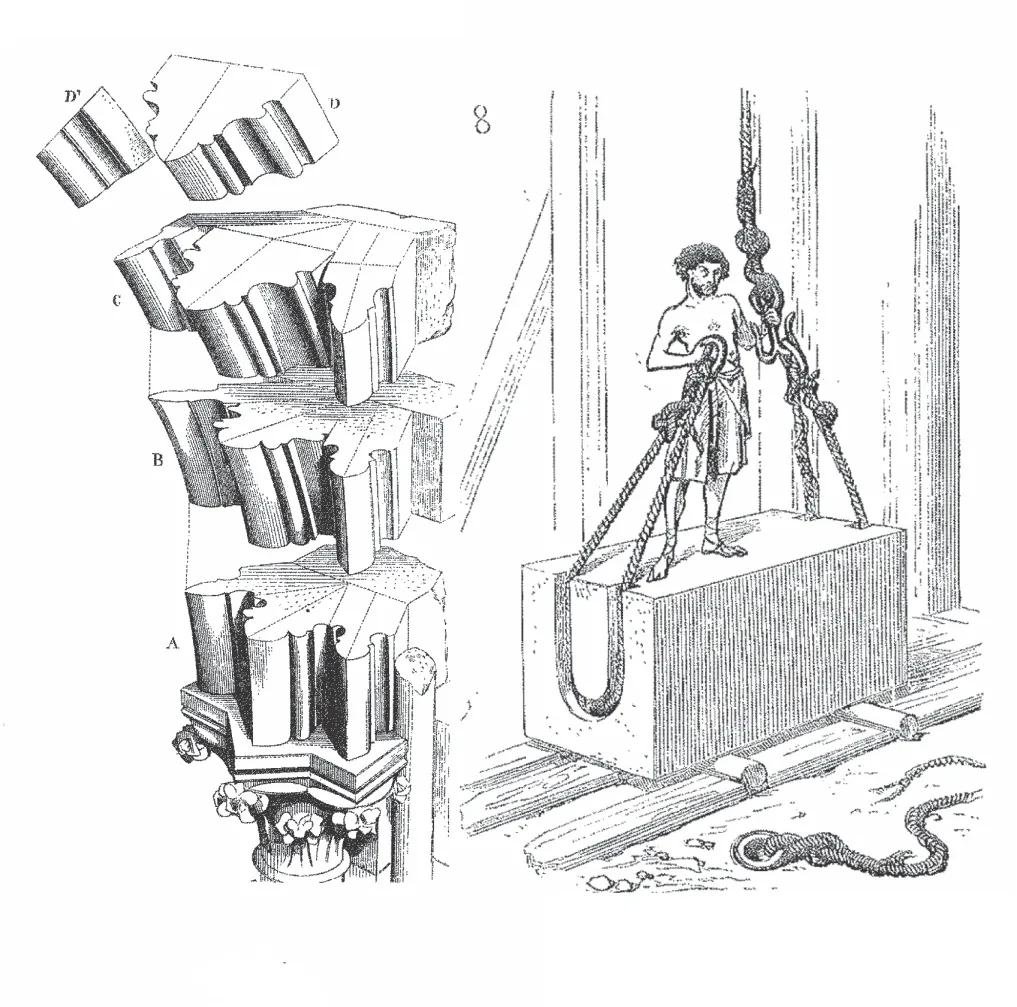 Engraving of a mason setting a dressed stone block, with moulding profiles of a clustered column.
