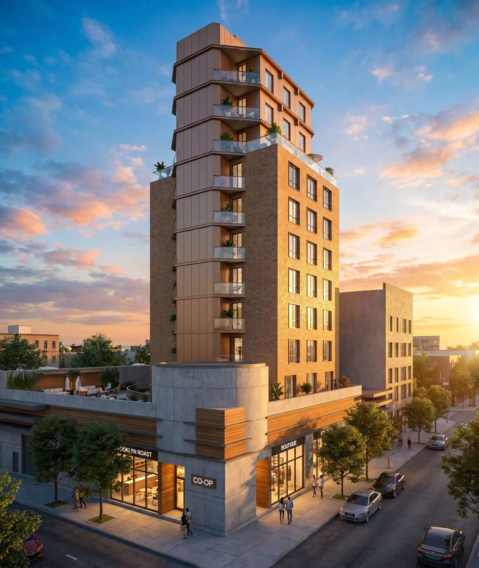 Rendering of a mid-rise brick apartment building above a corner co-op storefront