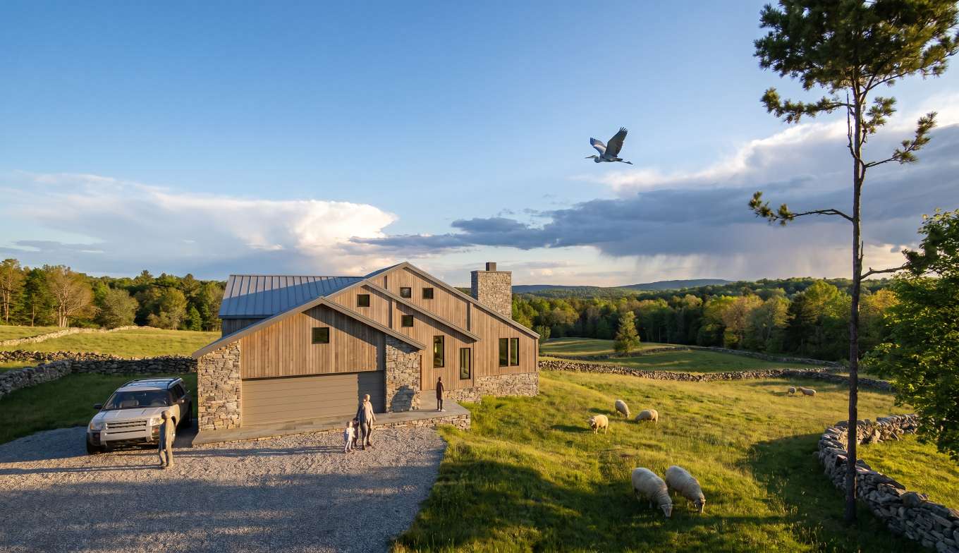 Rendering of a stone and timber house with sheep grazing in the pasture