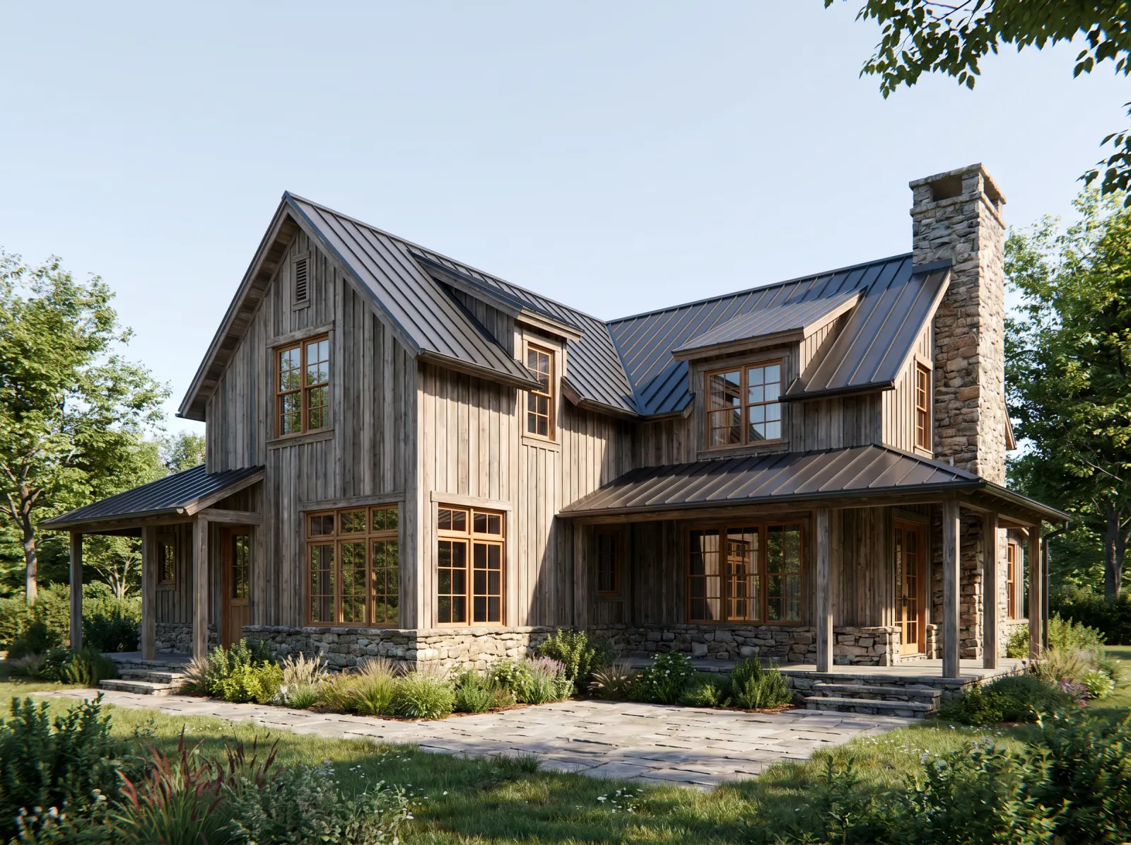 Stone and timber farmhouse with a fieldstone chimney and covered porch