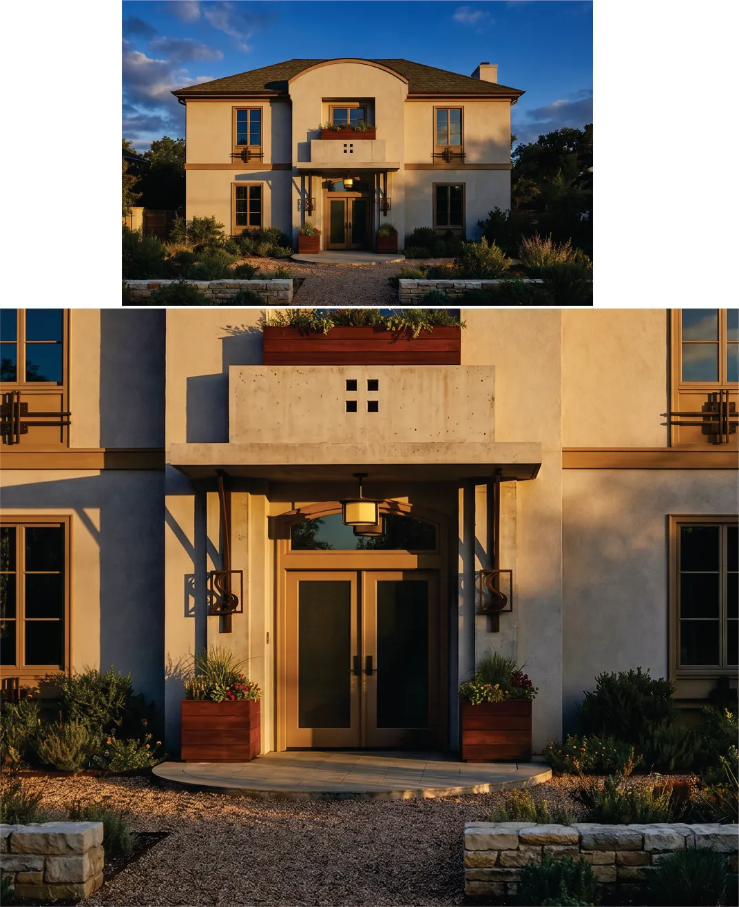 Stucco residence with a curved parapet at dusk, above a close view of its entry