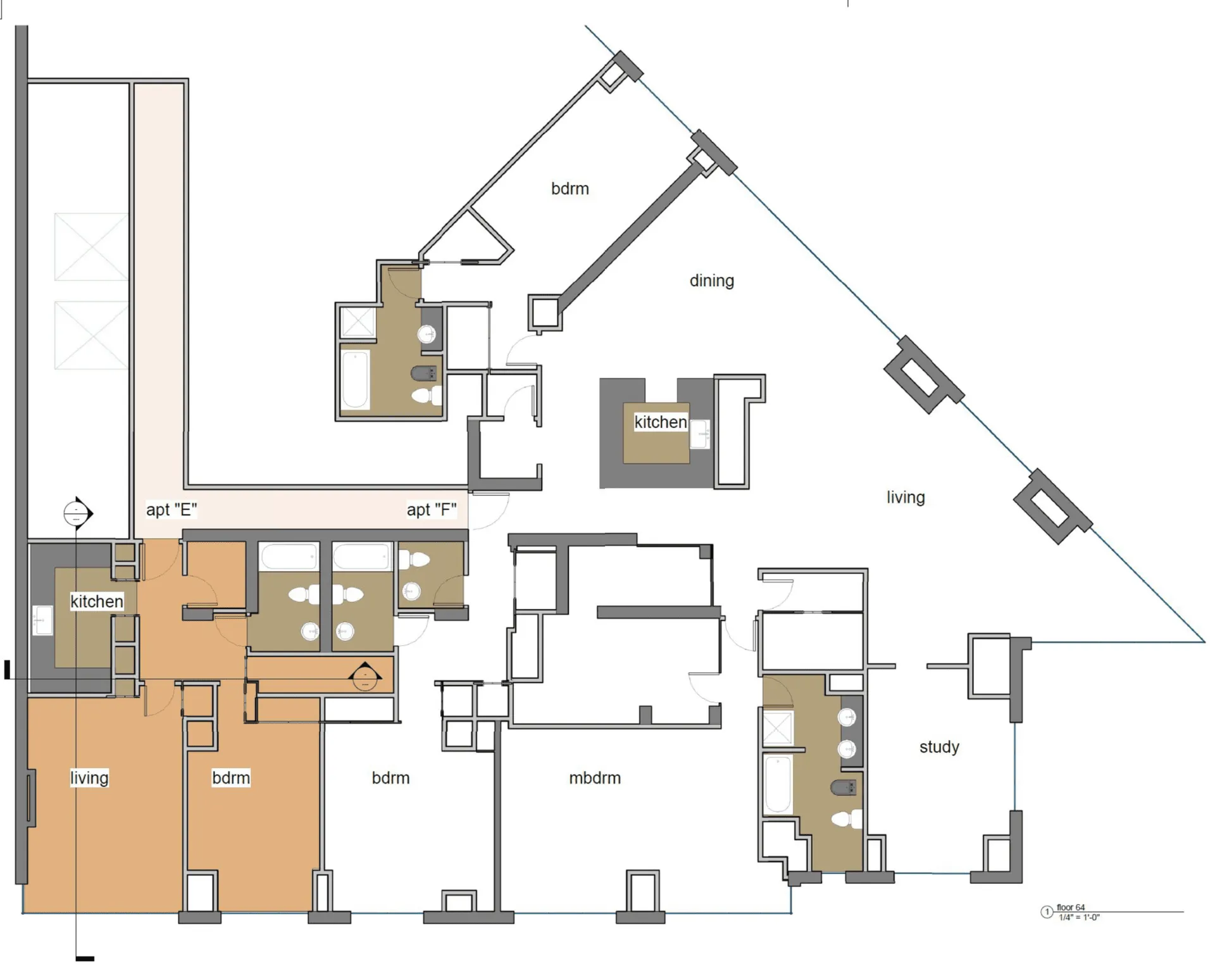 Floor plan of two apartments on an angled site, with living and kitchen areas shaded