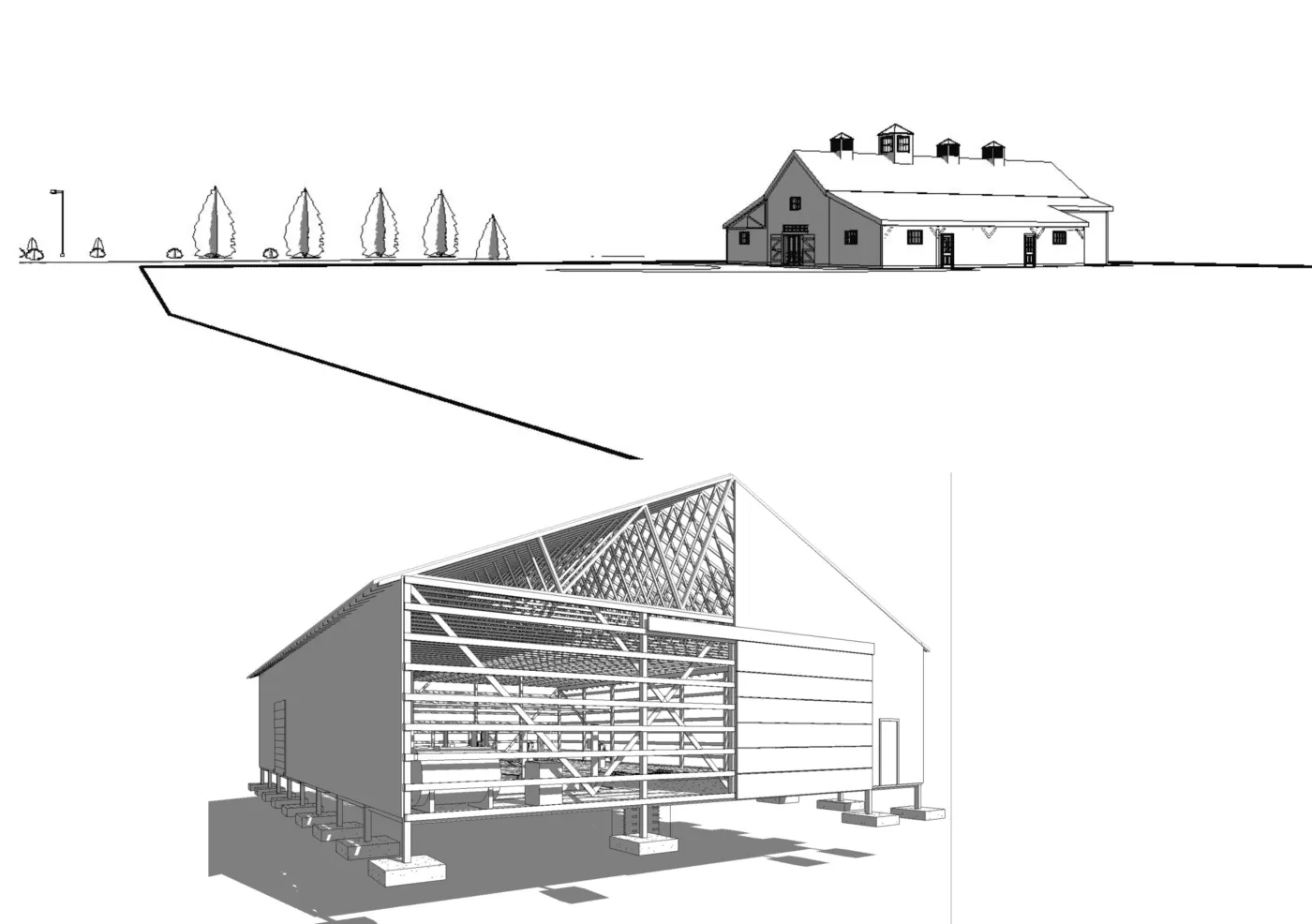 Site elevation of a cupola-topped barn above a cutaway perspective of its framing