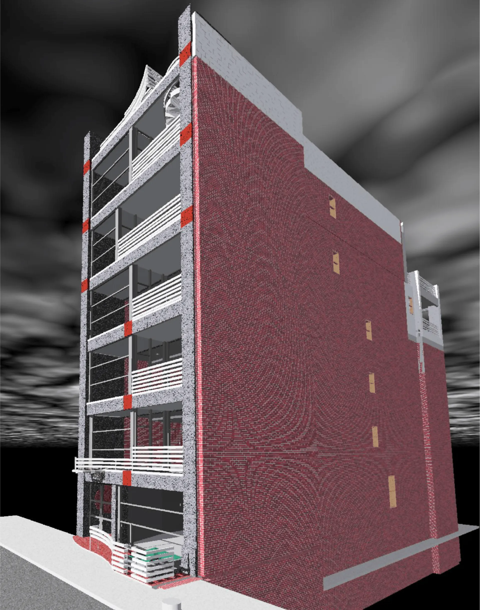 3D model of a brick infill building with stacked front balconies