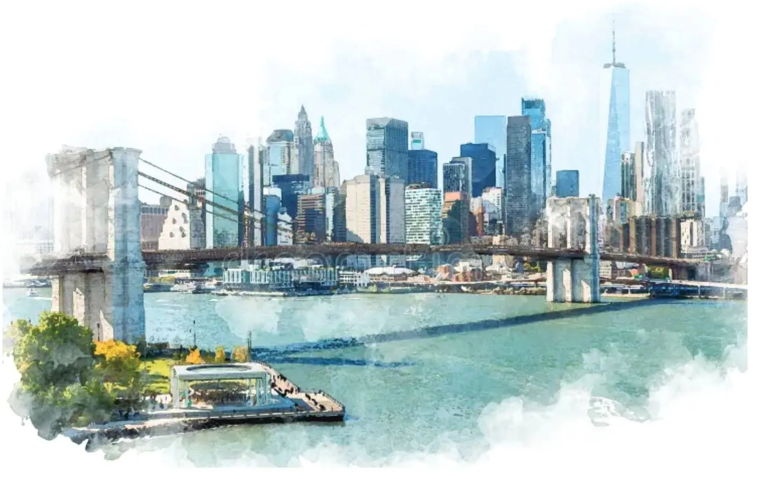 Watercolor of the Brooklyn Bridge and the Lower Manhattan skyline