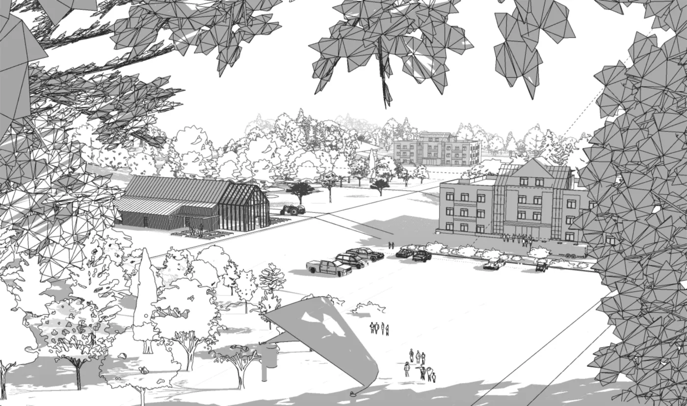 Line-drawn site perspective of a campus with a timber barn, parking and brick buildings