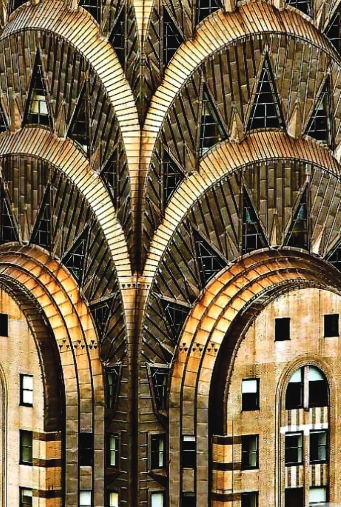 Close view of the Chrysler Building's stainless-steel sunburst arches
