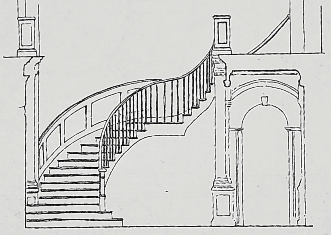 Line drawing of a curved staircase and balustrade beside an arched doorway