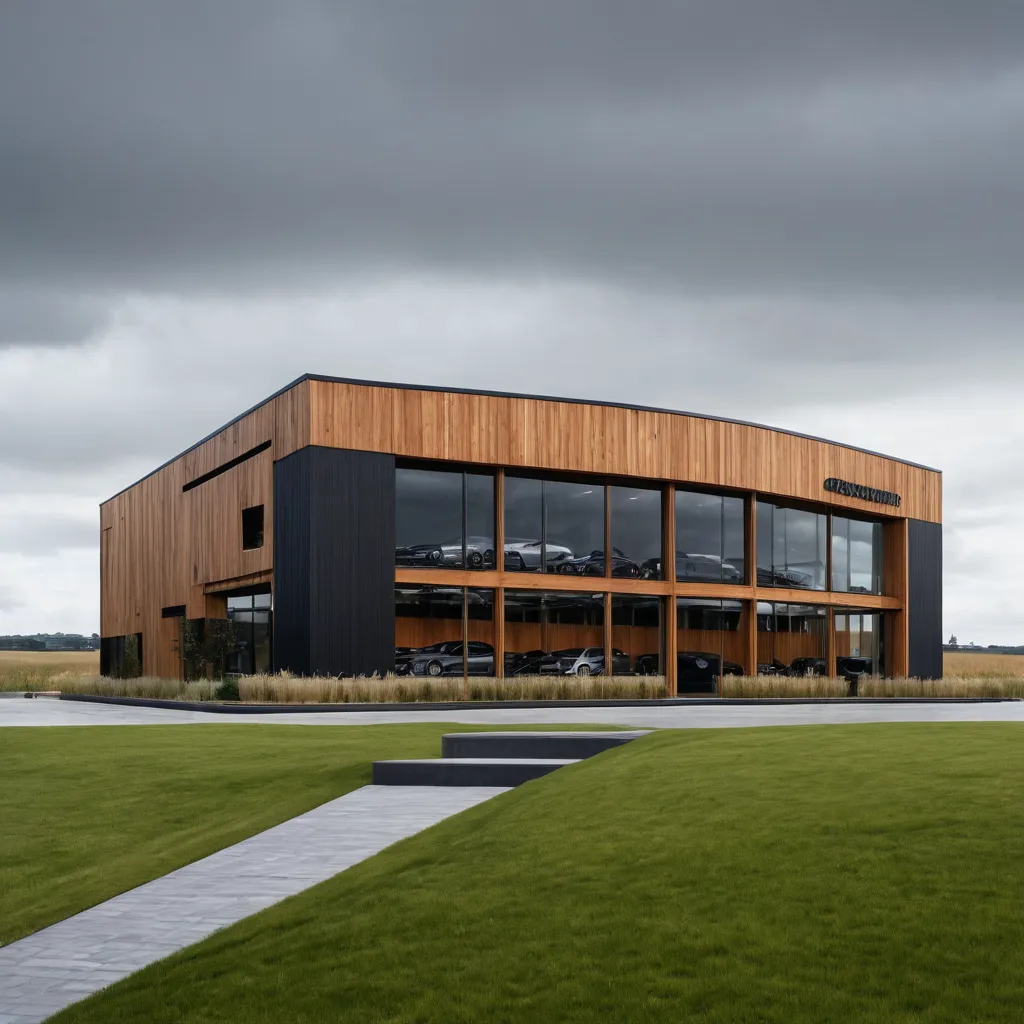 Timber-clad car dealership with a two-story glass showroom under an overcast sky