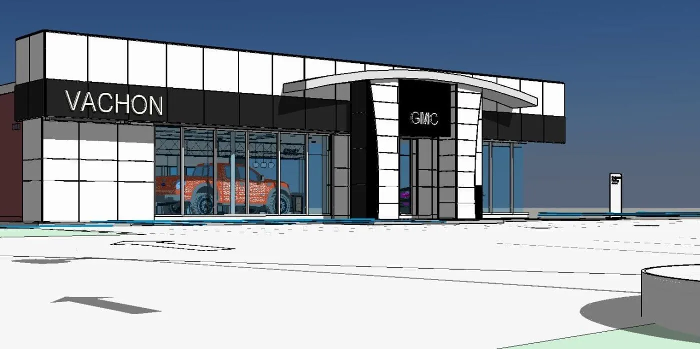 Rendering of the Vachon GMC dealership with a curved entry canopy