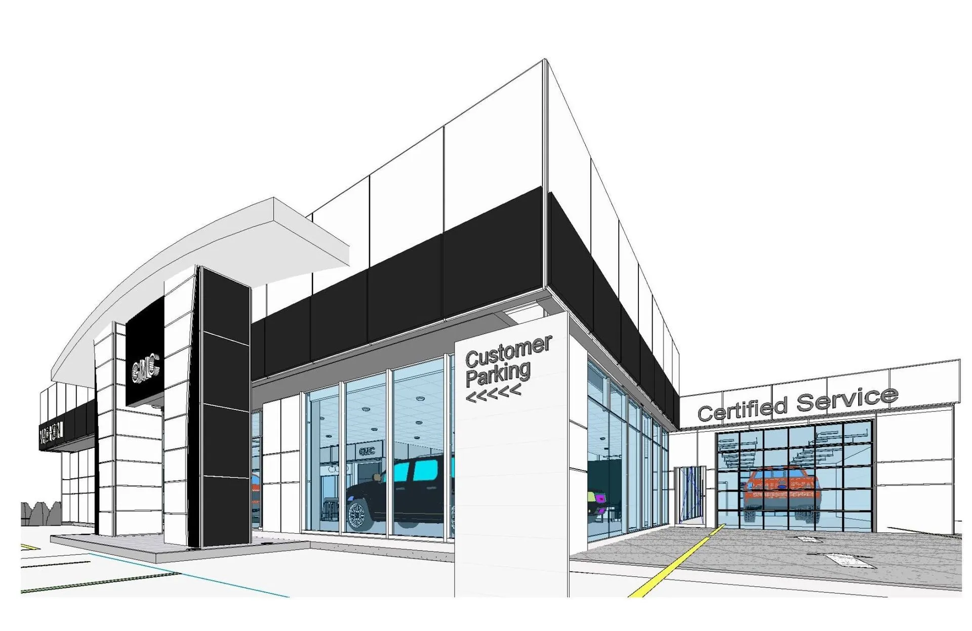 Line rendering of a GMC dealership with customer parking and certified service signage