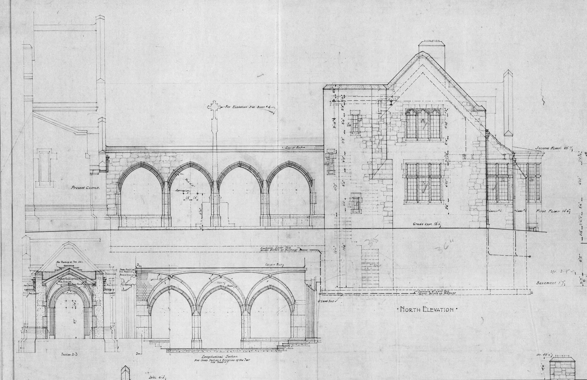 Historic north elevation drawing of a building with a Gothic arched arcade