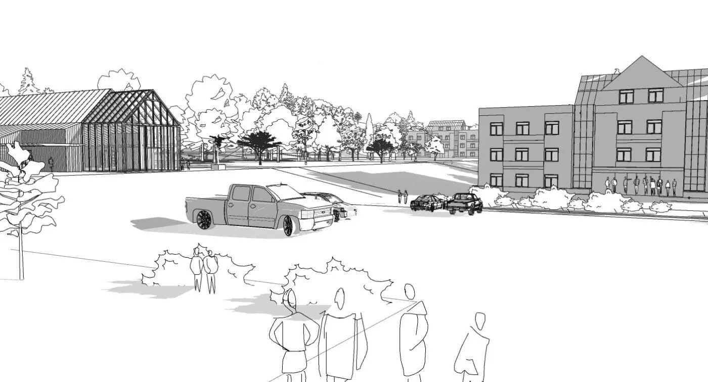 Line perspective of a greenhouse, pickup truck and brick campus buildings with figures