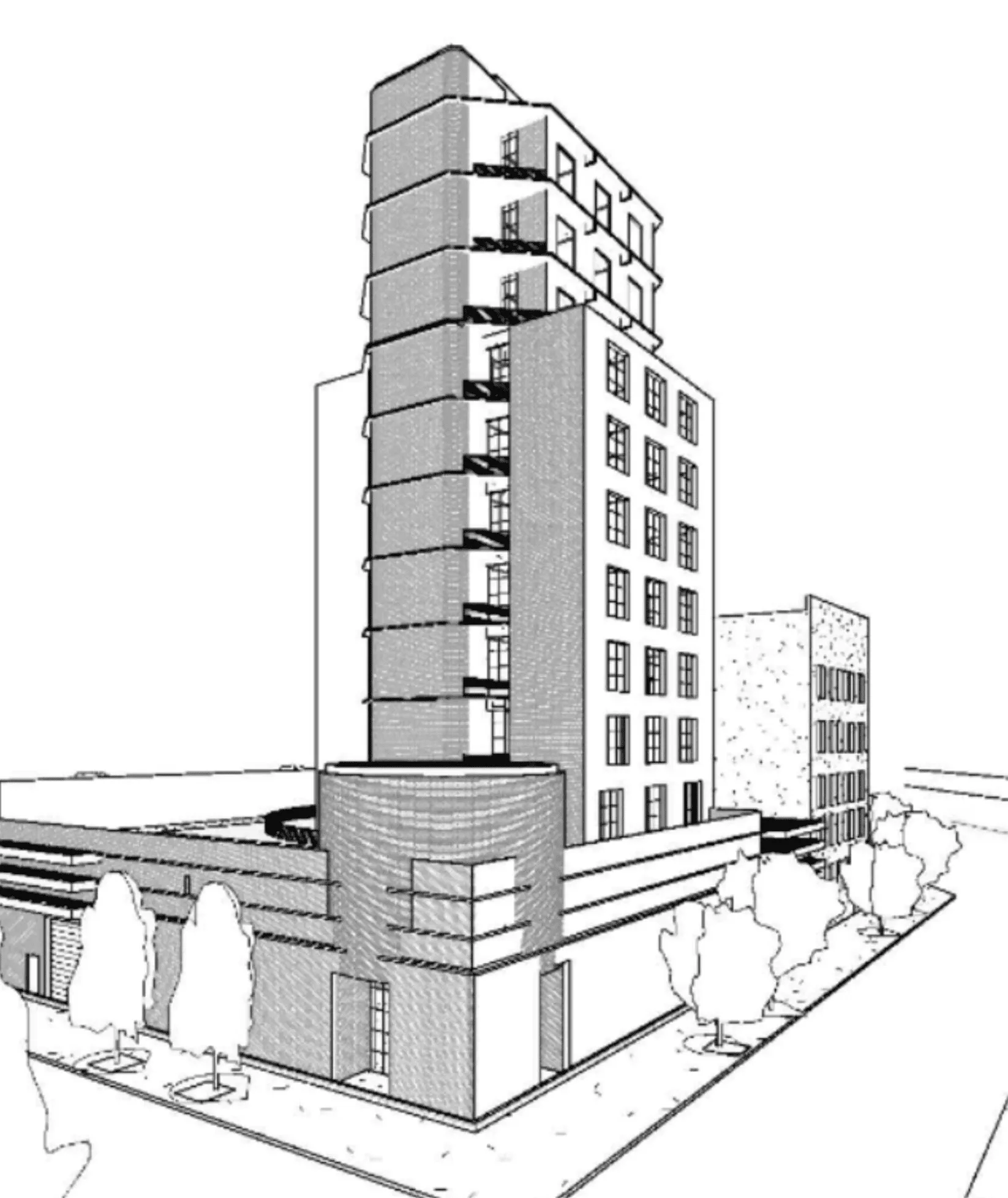 Line rendering of a corner mid-rise apartment building with a curved retail base