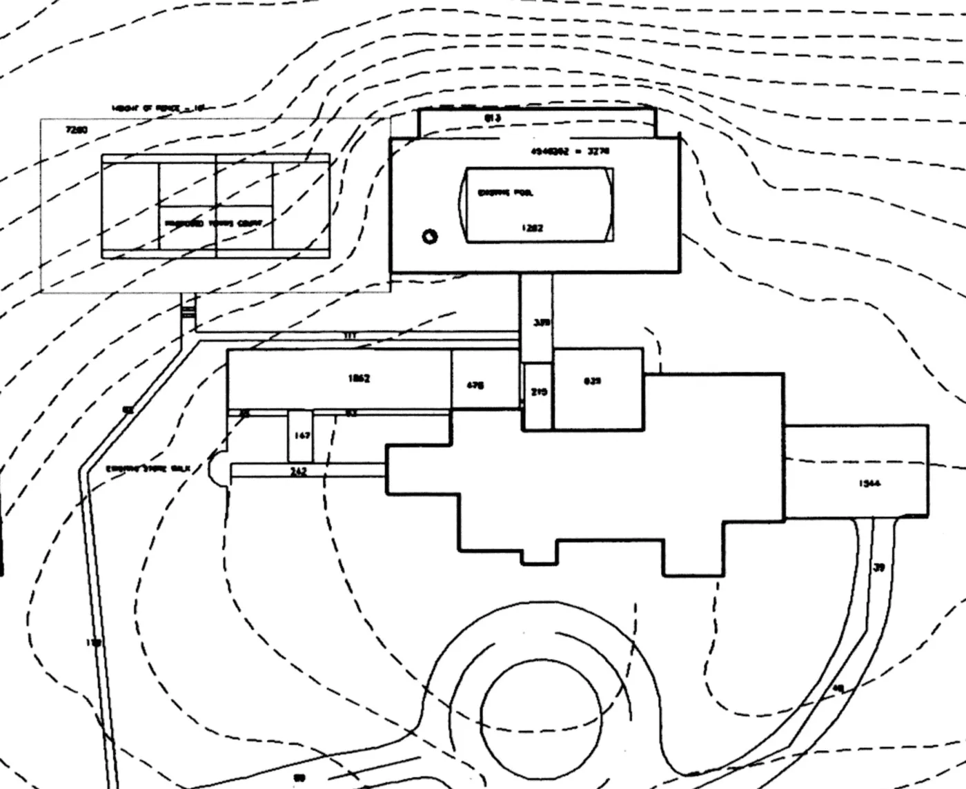 Site plan of a residence and pool drawn over topographic contours