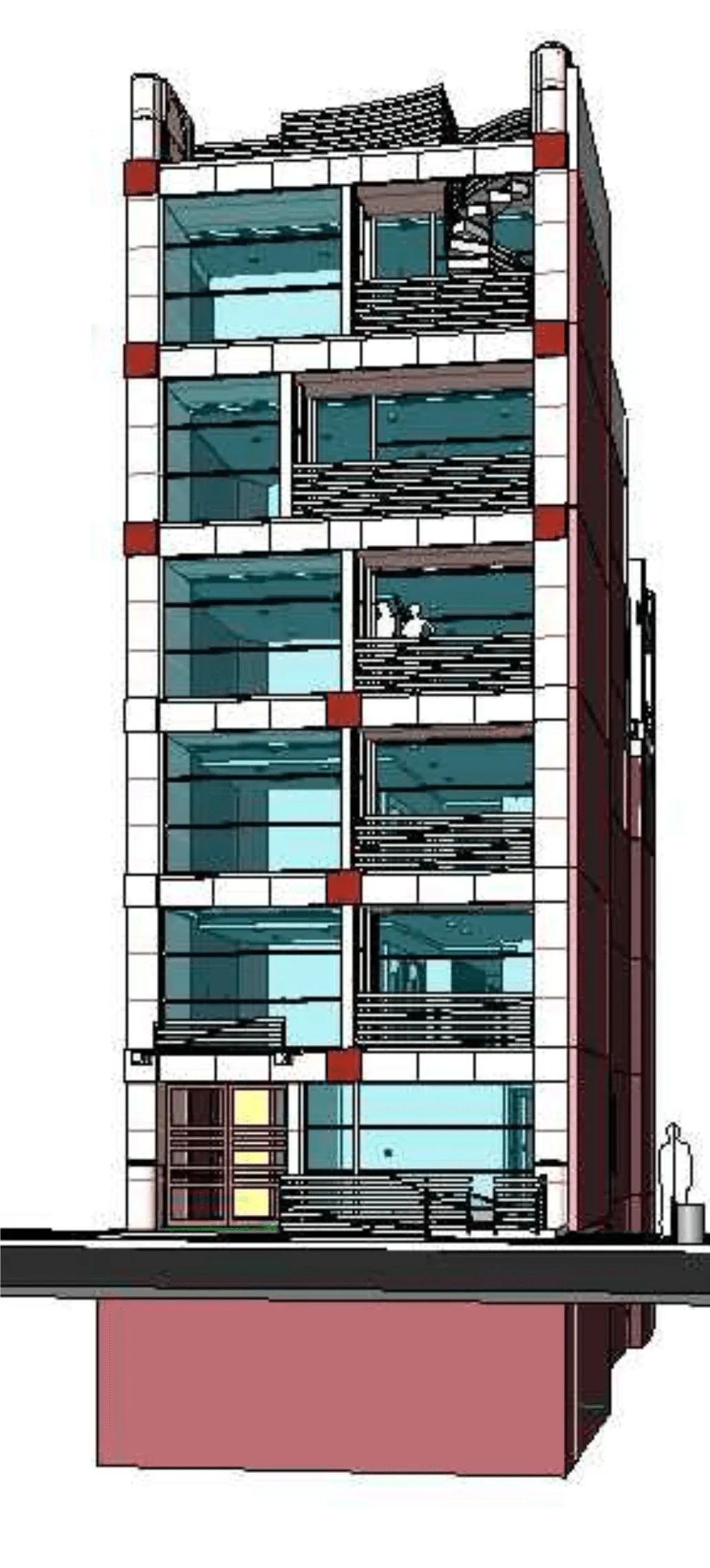 Section drawing of a multistory residential building with glazed floors above a red base