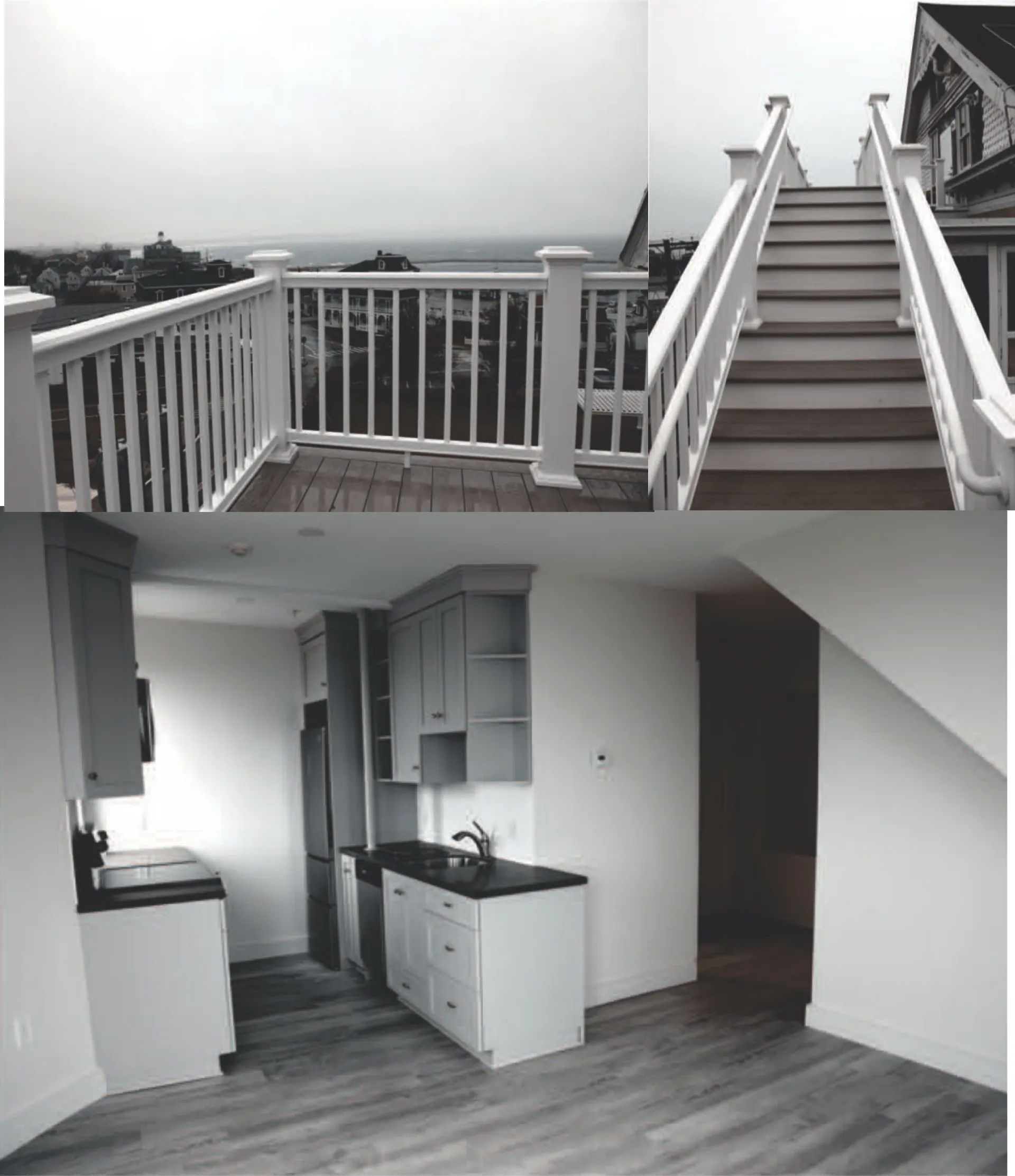 White-railed roof deck, exterior stair and a renovated kitchenette