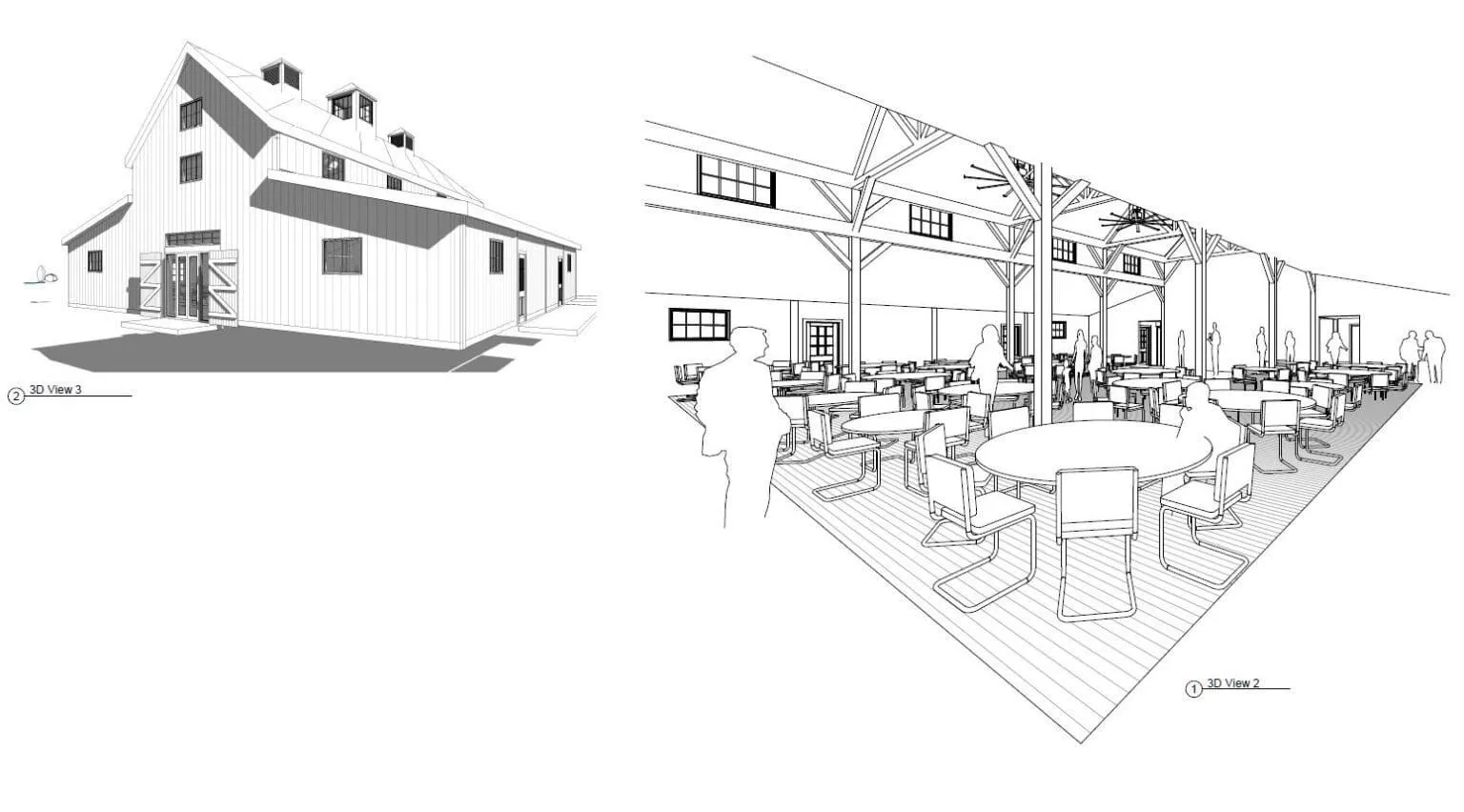 Line drawings of a timber barn exterior and its open dining hall interior