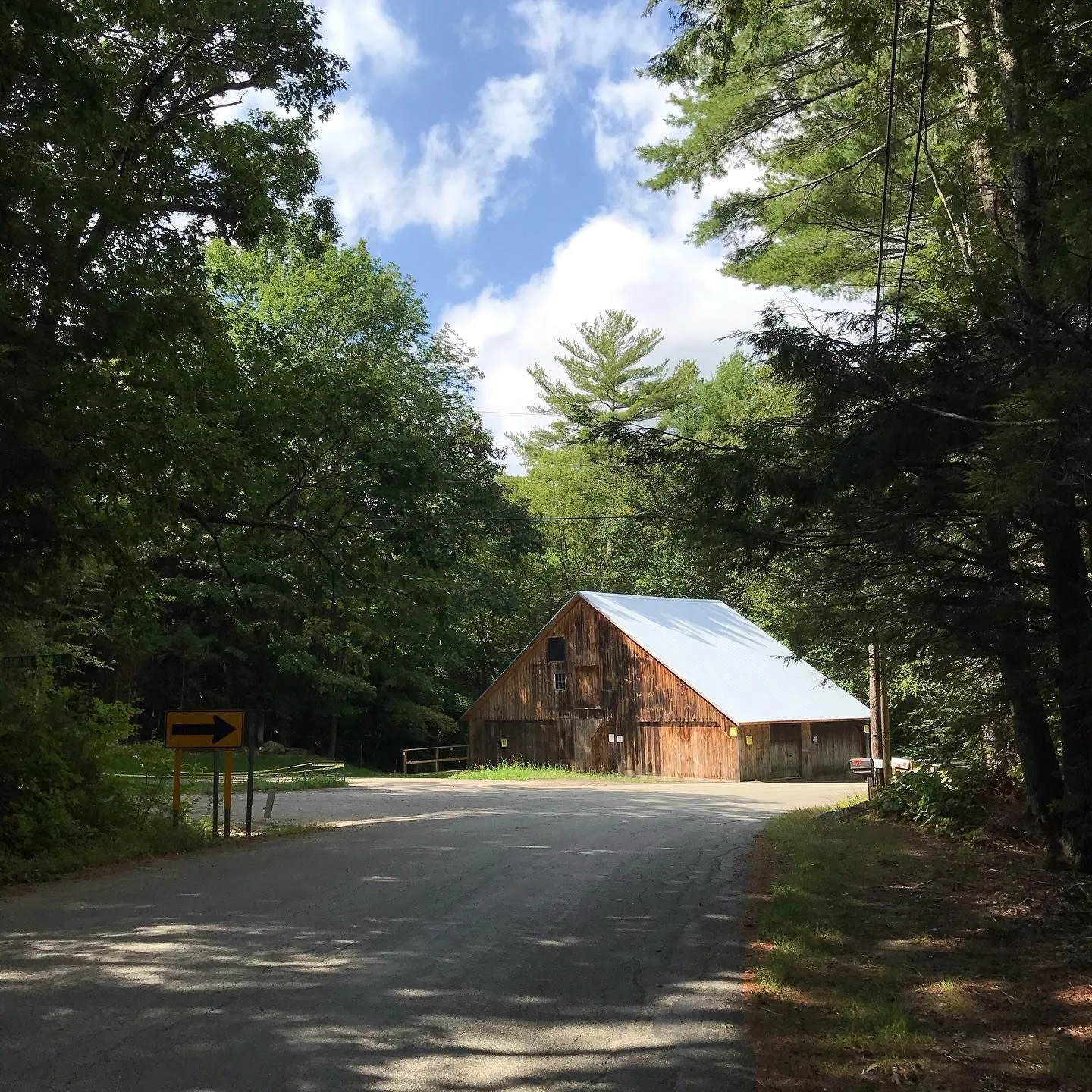 Weathered timber barn with a metal roof at the bend of a wooded road