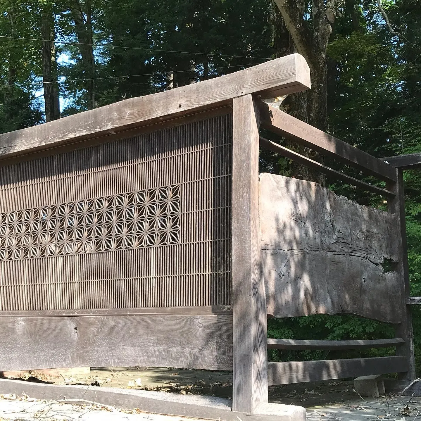 Timber lattice sculpture standing in a wooded clearing