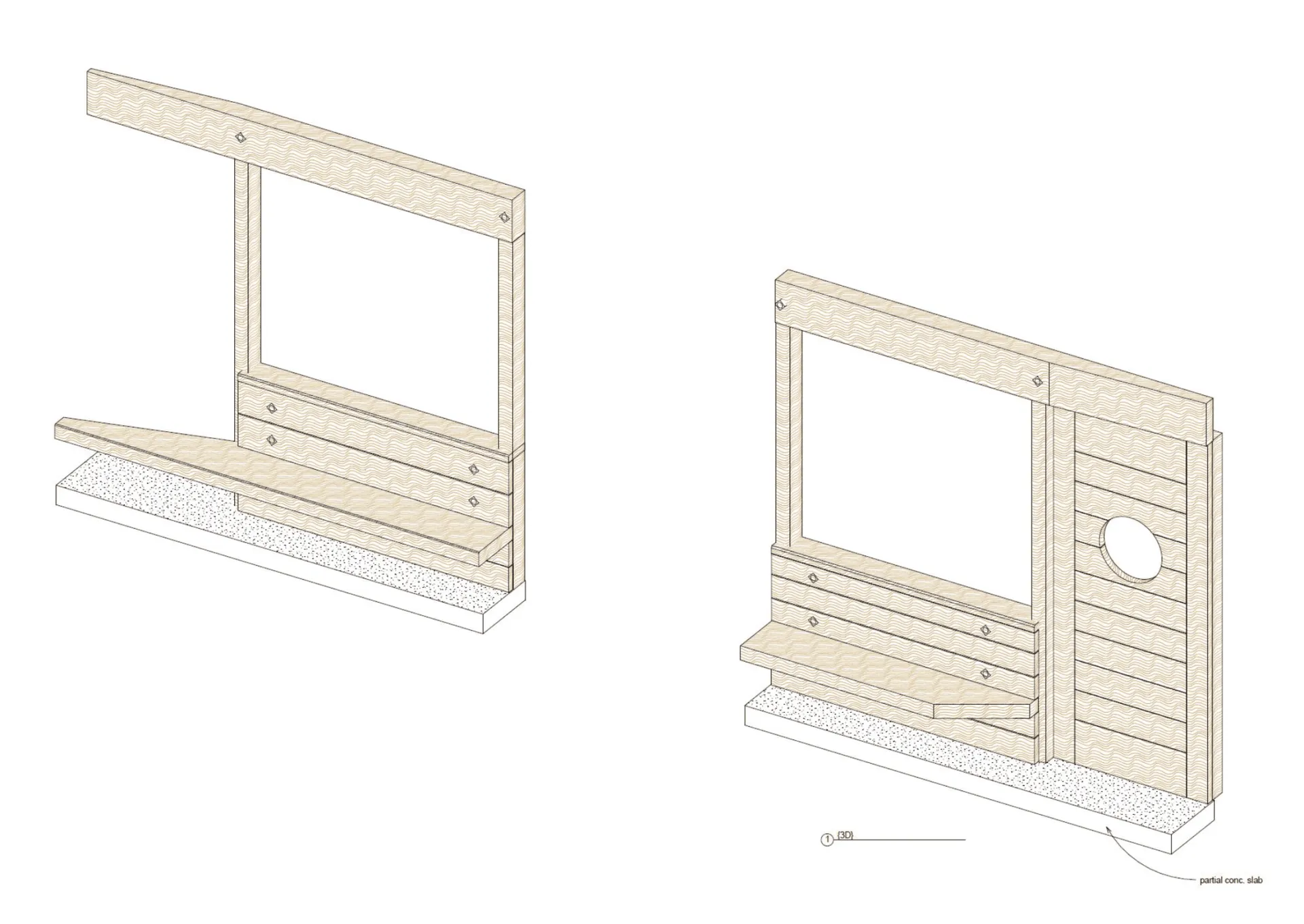 Two timber wall-frame details showing window openings and horizontal boarding