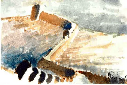 Loose watercolor sketch of a sunlit hillside in ochre and blue